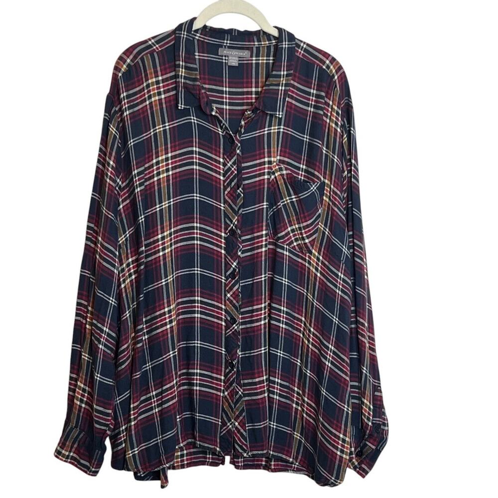 Peace & Pearls Womens Button Up Shirt Size 3X Red Gray Plaid Peplum Back Rayon